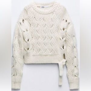 Zara Cream cable knit sweater with tie size medium